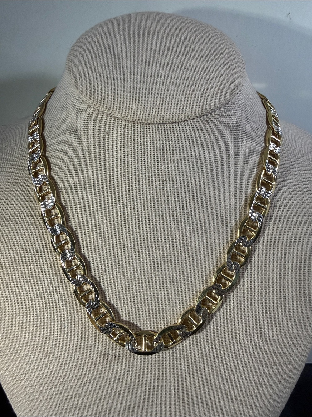 925, Two Tone, Heavy Diamond Cut Mariner Link Necklace, Gold Over 18”